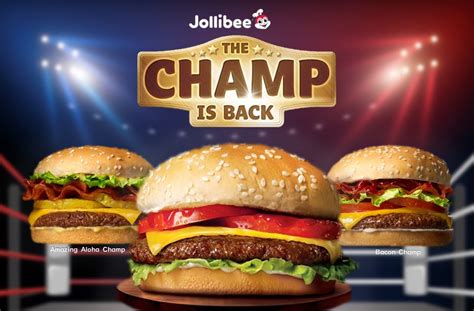 Champs burgers - On the other hand, the Champ burger is also back at the starting price of Php150. Same 1/3 pound, 100% pure beef langhap-sarap patty with cheese, lettuce, and tomato in-between soft burger buns and same meaty goodness.. But wait, there’s more! Jollibee also introduces two exciting Champ variants: the Amazing Aloha Champ—a …